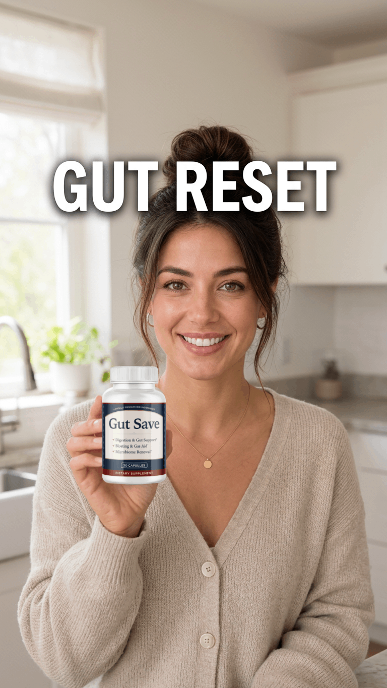 Promotional Gut Save image showing a woman holding the supplement