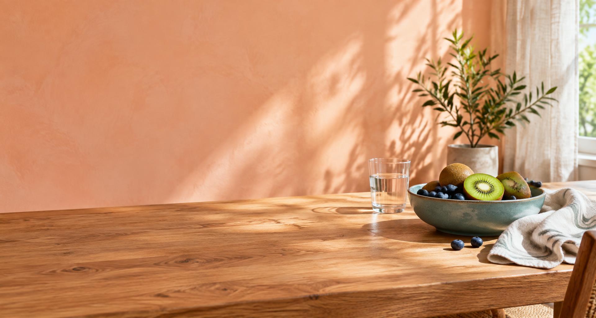 Fresh fruit and water in a sunlit peach-colored kitchen